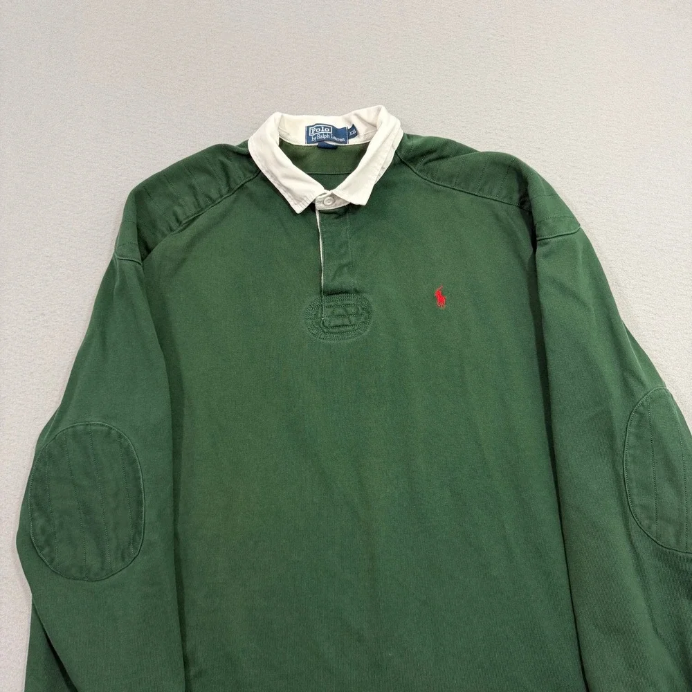 Vintage Polo Ralph Lauren Rugby Shirt Mens XXL Green Long Sleeve Elbow Patch